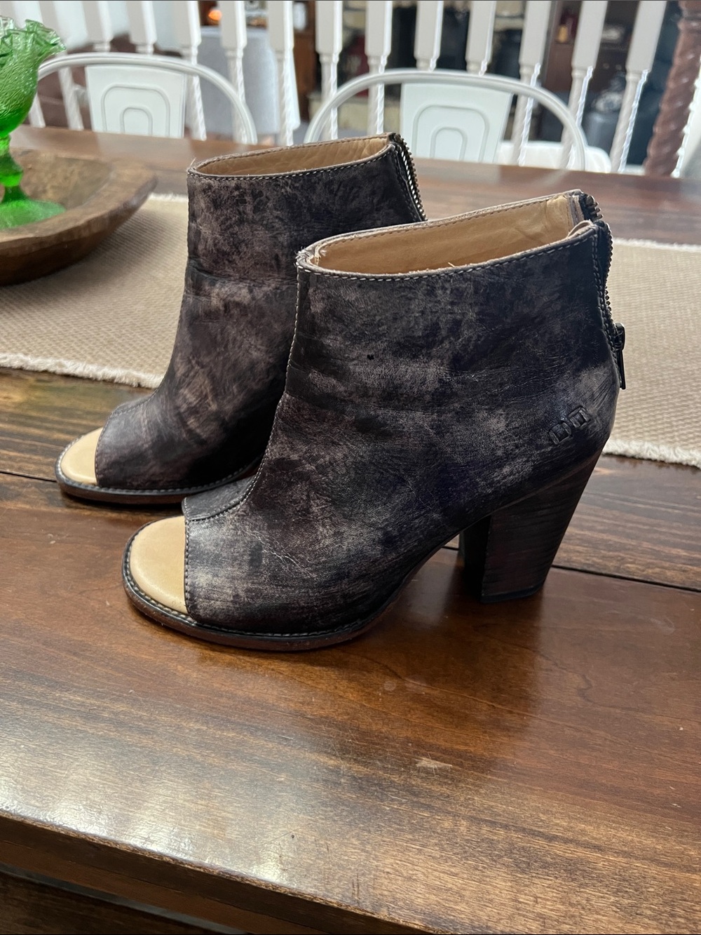 Bed Stu Distressed Black Brown Leather Peep-Toe Ankle Booties
